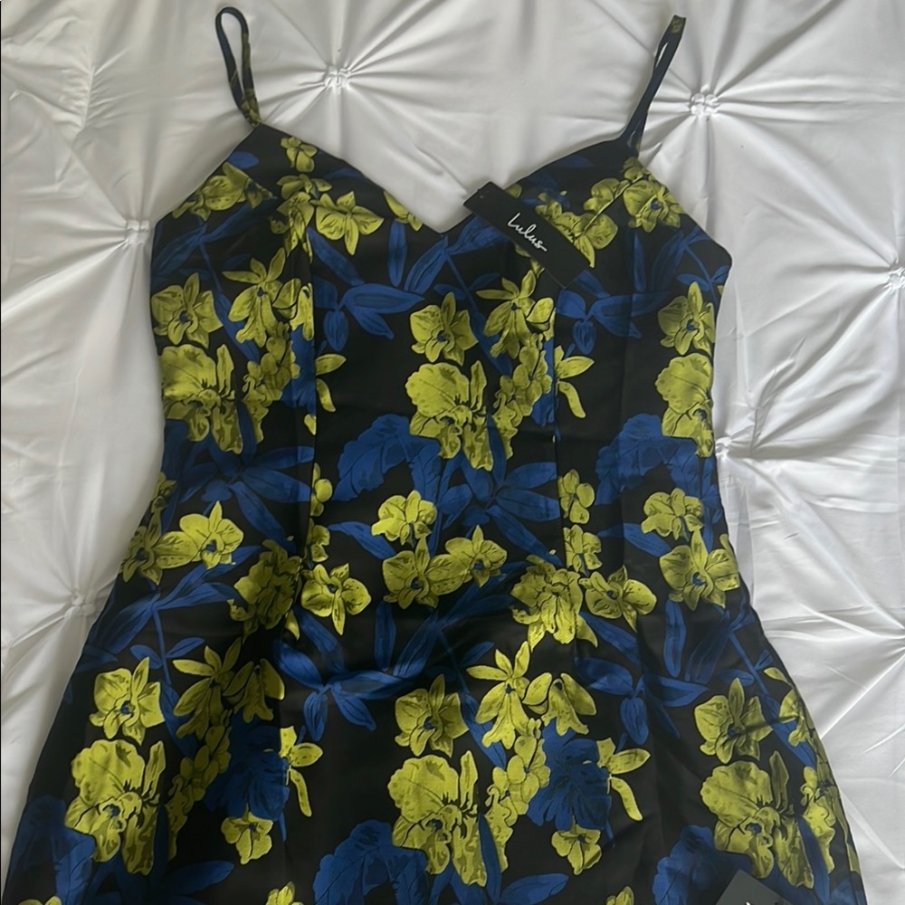 Lulu's Blue and Black floral jacquard mini dress
